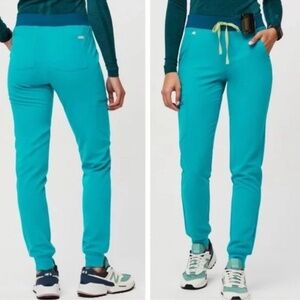 Figs Zamora high waist jogger scrub pants bottoms 3675 teal with blue waist L